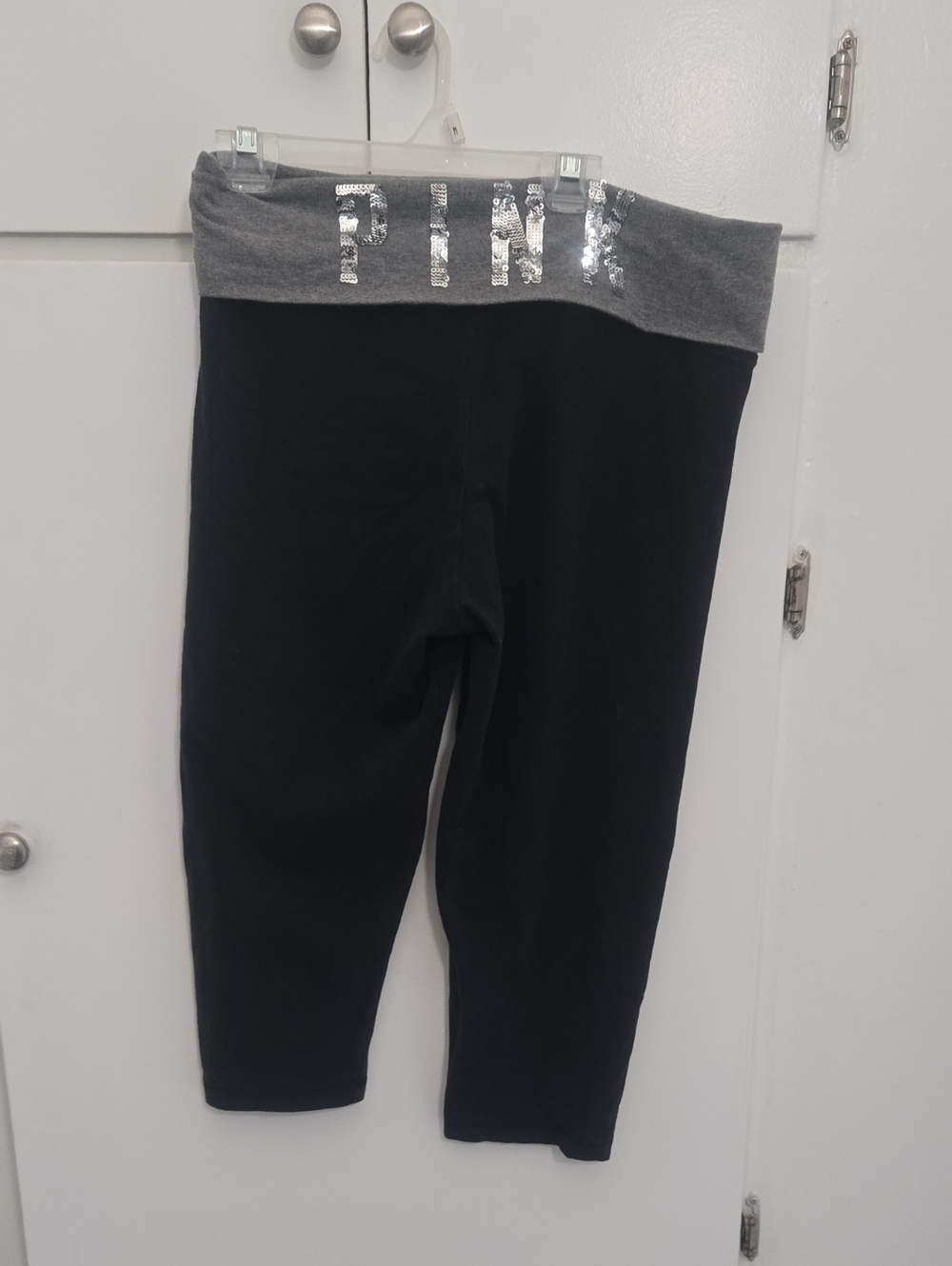 PINK Victoria's Secret Black Capri Leggings with Gray Fold-Over Waistband